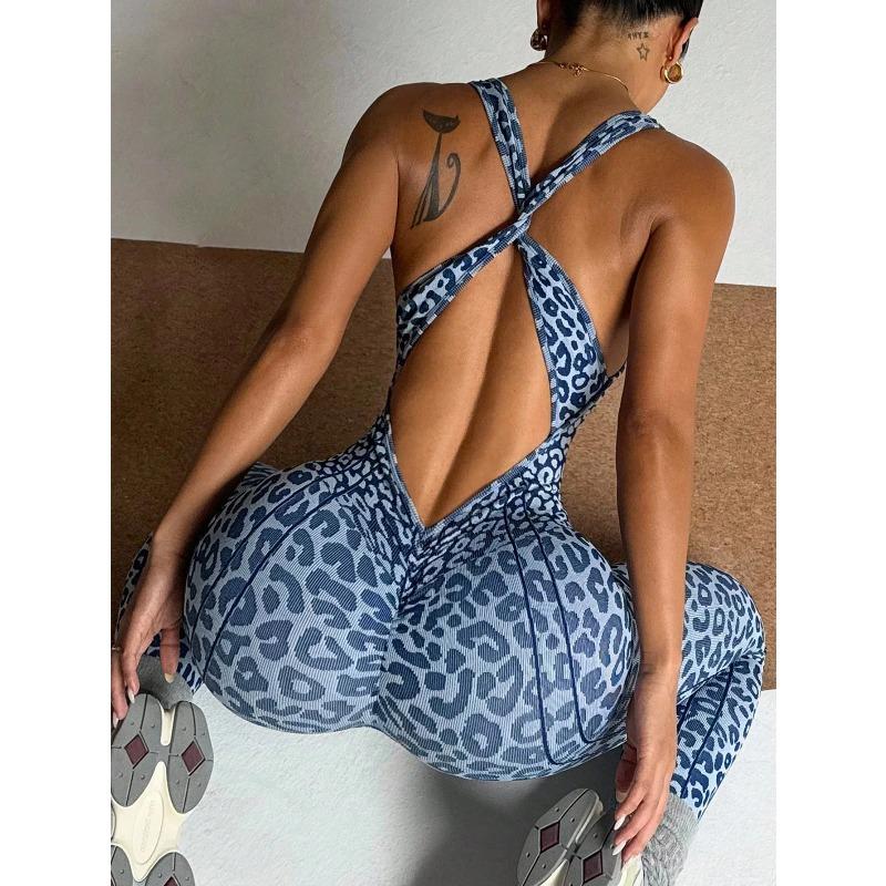 Women Seamless Leopard Print Cross Back Jumpsuit Butt Lifting Yoga Bodysuit High Elastic Workout Fitness Athletic Catsuit