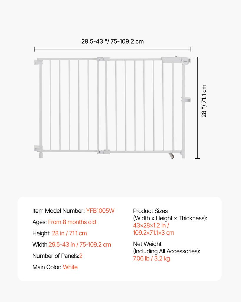 SucceBuy Portão para Bebê 29,5-43 Polegadas Largura Ajustável 28 Polegadas de Altura Portão para Cães Sem Barra de Soleira Passo Fácil Caminhada Segurança Infantil Animal de Estimação