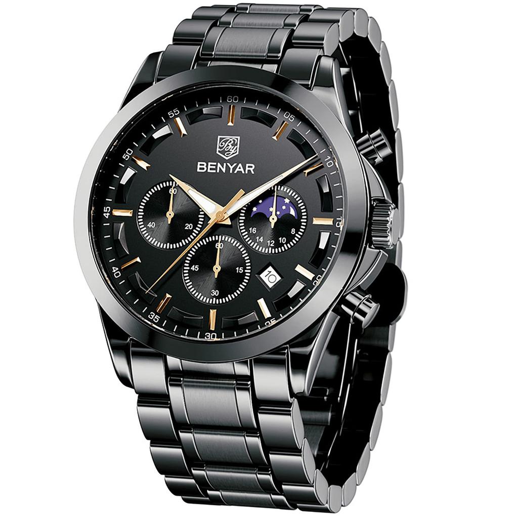 BENYAR Chronograph Watch with Leather and Black Leather Strap for Business and Formal Wear Men's Multi-Calendar Strap, Water-Resistant