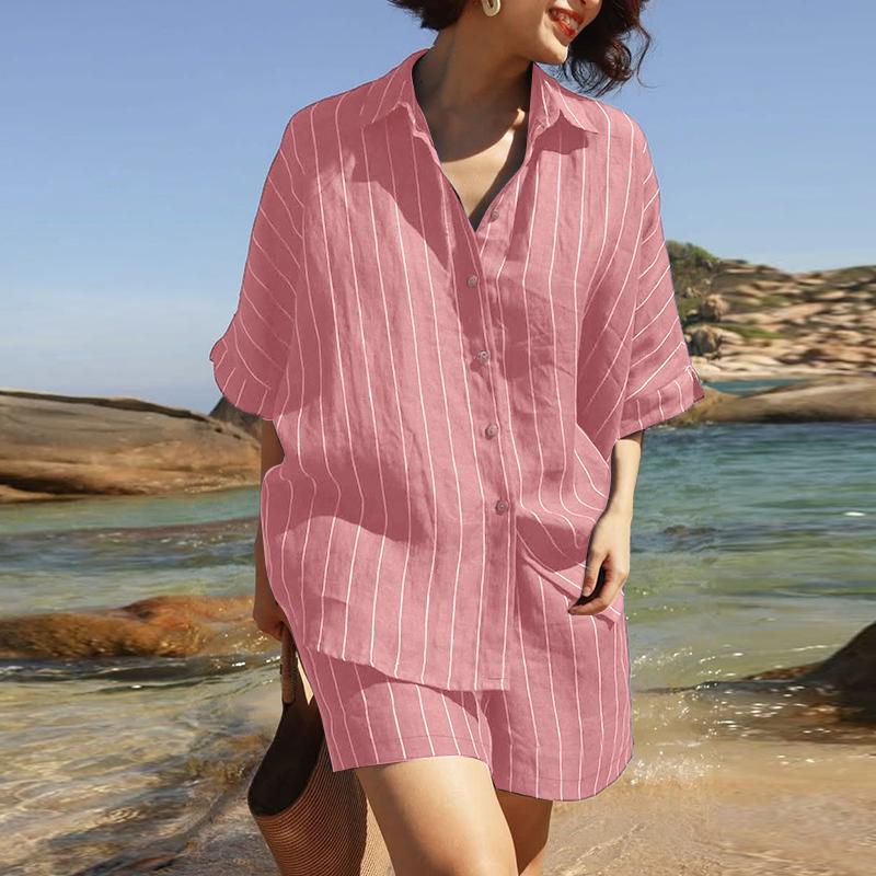 ZANZEA Women Stripe Print Short Sleeve Blouse and Shorts Summer Two Piece Suit Sets
