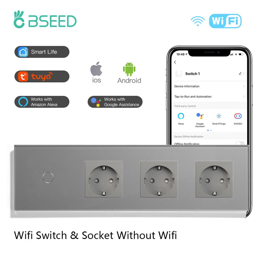 BSEED Wifi 1/2/3/4Gang Touch Light Switches Tuya Smart Life App Control Plus Triple Normal Sockets EU Standard Glass Panels