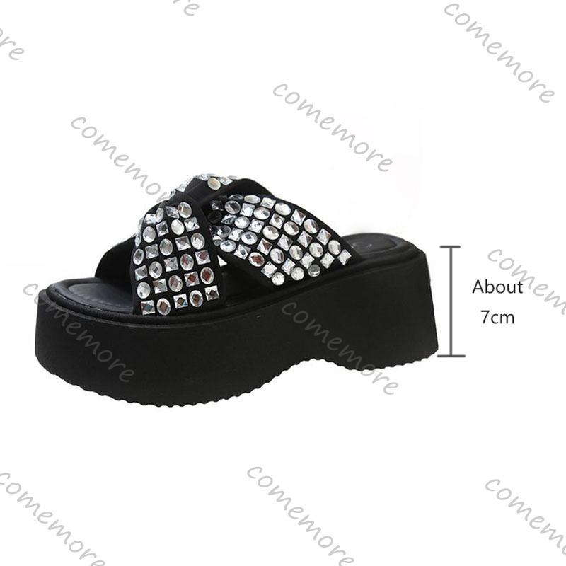 Comemore Platform Slippers Women Summer Shoes Fashionable Sequins Glitter Thick Sole Wedge Sandals Casual Outside Heels Slides