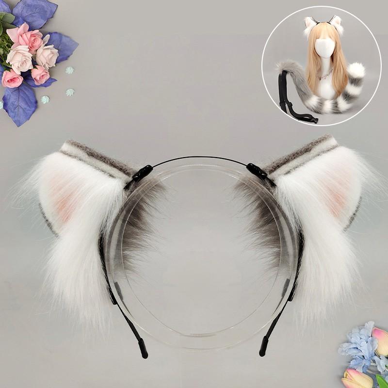 Set Bandă cu Urechi de Pisică din Blană Artificială și Coadă Handmade Accesoriu Costum Animal Kawaii Cosplay Convenție Anime