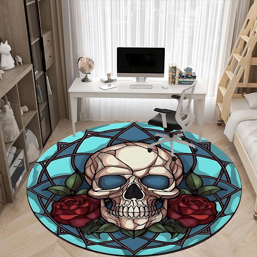 1pc Skull Gothic Rose Design Chair Carpet for Office, Round Non-Slip Durable Large Size Office Carpet, Suitable for Office, Beautiful Decoration