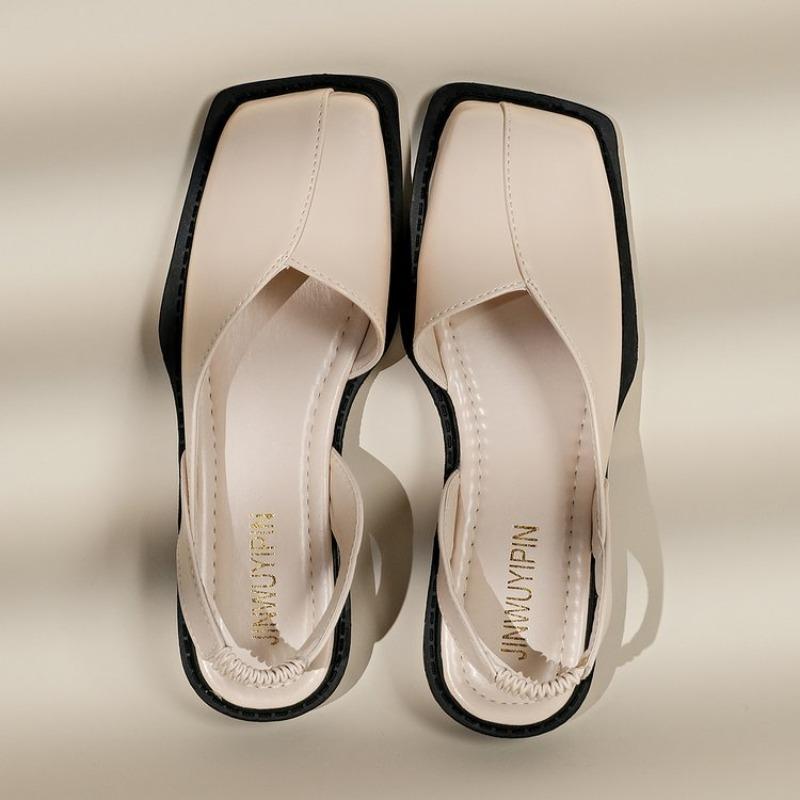 

2025 Новые женские сандалии Модные сандалии на плоской подошве с эластичной лентой Летние элегантные сандалии Обувь для вечеринок с мелким вырезом Сандалии с квадратным носком 35 бежевый