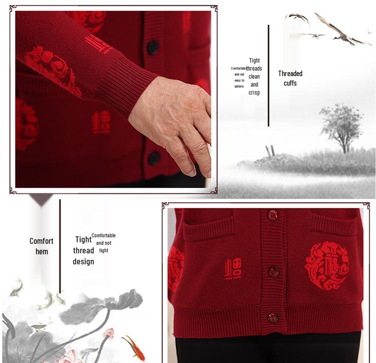 Year-Round Fu Character Sweater for Middle-Aged & Elderly Couples - Red Plus Velvet Tang Suit Cardigan