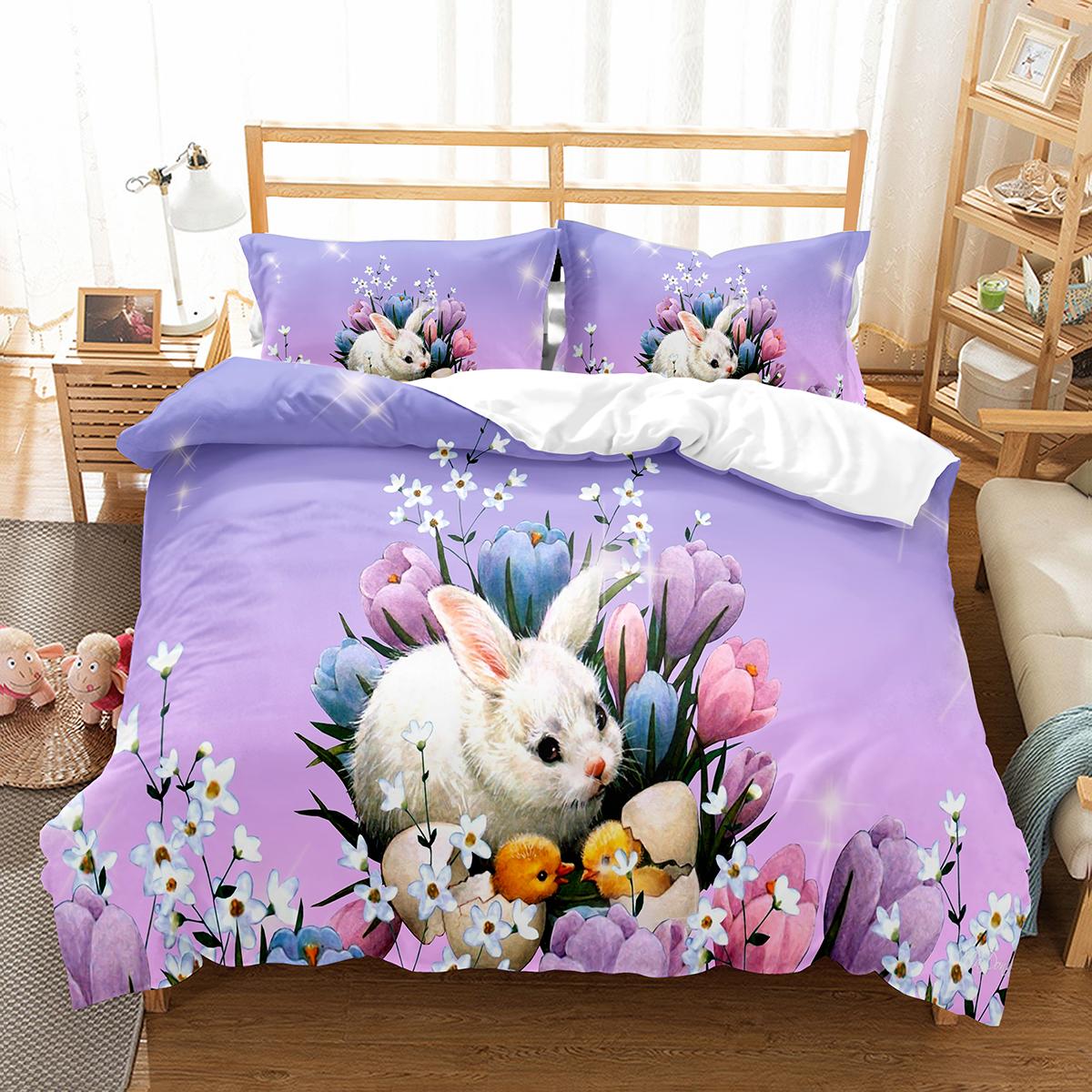 

Cartoon Rabbit Duvet Cover Set Twin Queen Colorful Eggs Bedding Set Microfiber Floral Comforter Cover For Girls Boys Easter Gift 70x133cm 2pcs