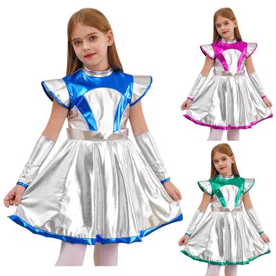 Girls Halloween Alien Cosplay Costume Outer Space Cutie Costume Cap Sleeve Shimmering PU Patchwork Dress Arm Sleeve