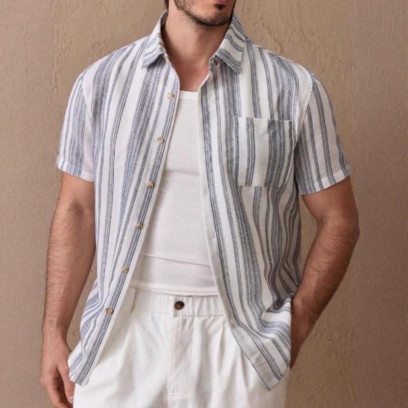 Summer Polo-neck Vintage Striped Printing Cardigan Shirt Male Short Sleeve Casual Fashion All-match Top Men