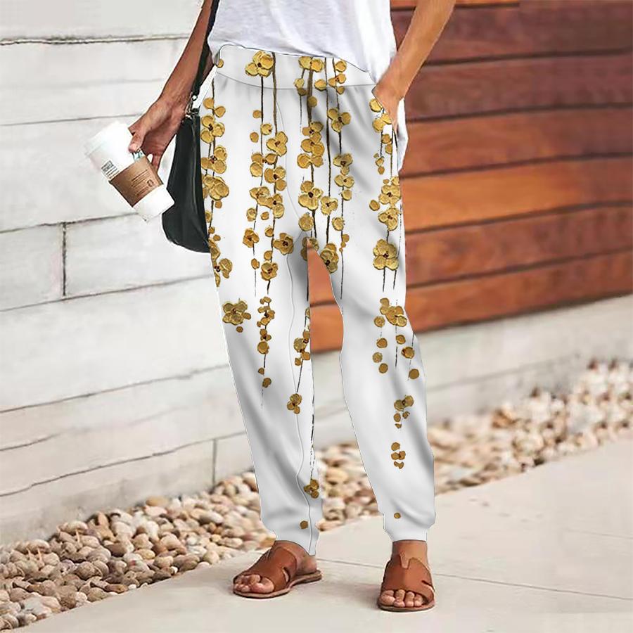 

Женские брюки с цветочным принтом на шнуровке, с эластичной талией, свободные брюки, повседневные длинные брюки, брюки с карманами 8XL жёлтый