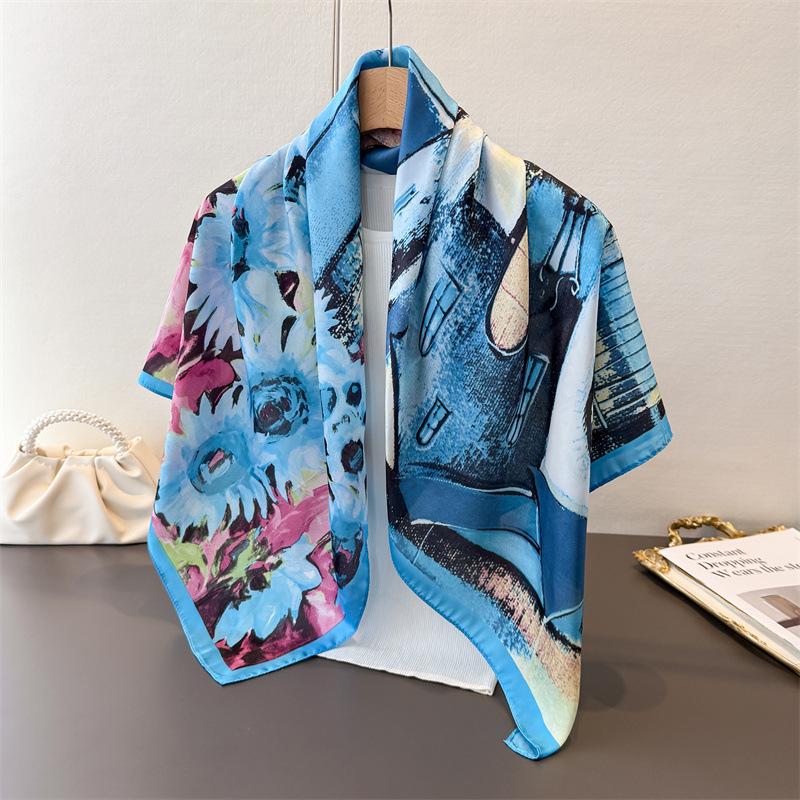 Simulation Silk High-End Sunflower Oil Painting Printing Square Scarf Silk Scarf Shawl Headscarf Neck Protection Scarf
