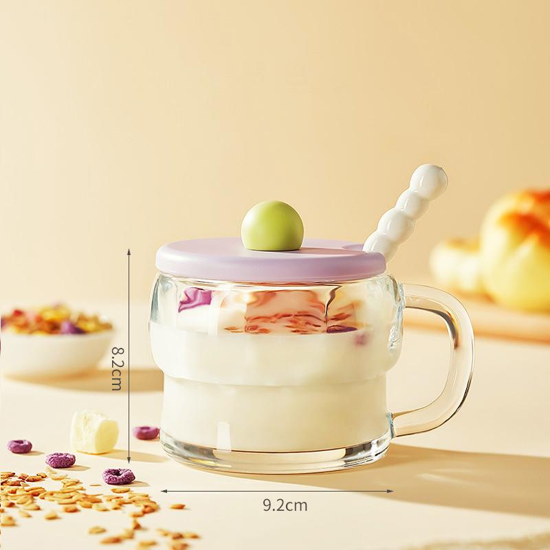 Breakfast Cup with Lid Spoon Milk Cup Handle Oat Cup Transparent Cup Glass Milk Yogurt Cup for Kitchen Bowl Portable Cereal Jar