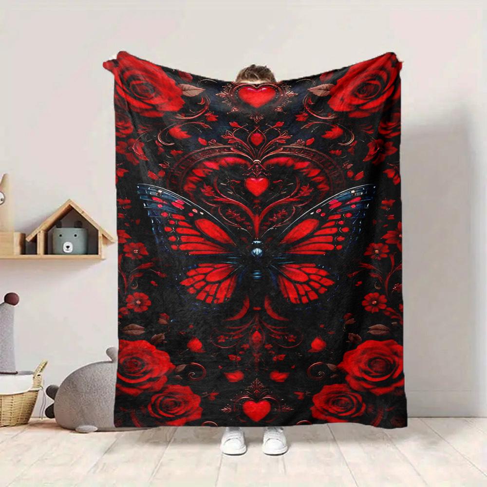 1pc Red Butterfly Roses Blanket Lightweight Flannel Blanket Throw Blanket For Sofa, Bed, Travel, Camping, Livingroom, Office, Couch, Chair, And Bed Yy