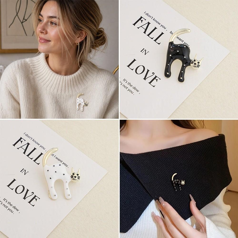 Black White Cat Brooches Enamel Scarf Adjuster Fashion Clothing Fixing Pins  For Men Women