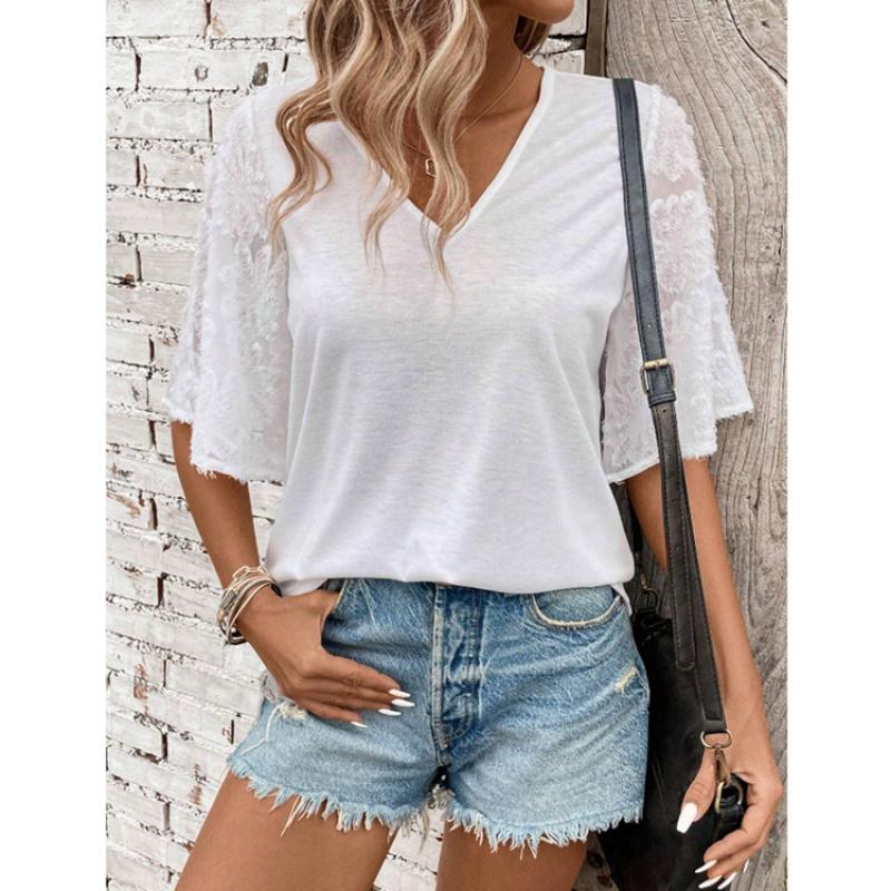 2026 Summer New V-neck Lace Sleeve Loose Women's Casual Solid Color T-shirt