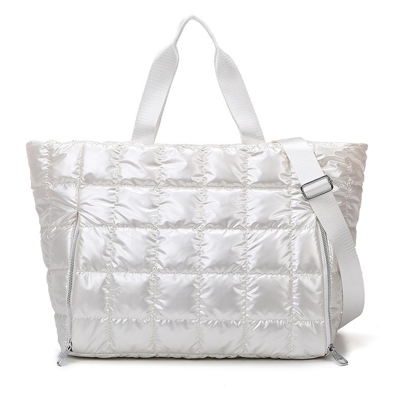 Large Capacity Quilted Tote Bags for Women Solid Color Women's Shoulder Bag for Gym Travel Fashionable Nylon Winter Padded Handbag