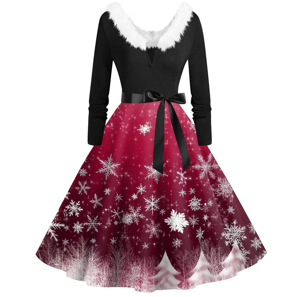 Women's Fashion V-Neck Casual Slim Christmas Printed Long Sleeve Hair Collar Dresses