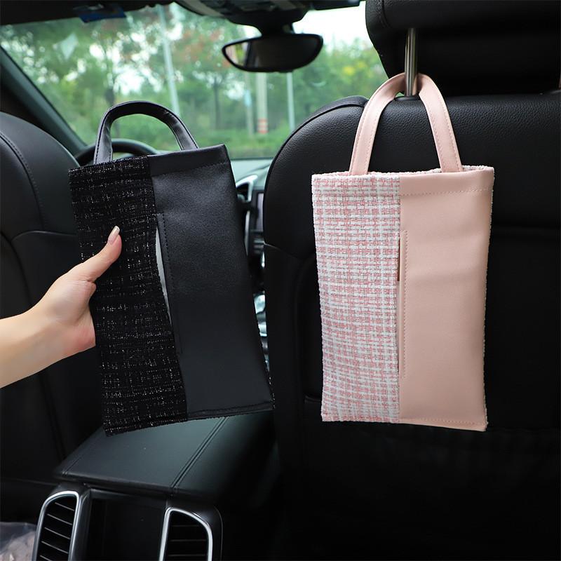 High Quality Plush Bow Car Tissue Holder Elegant Seat Back Hanging Bag Tissue
