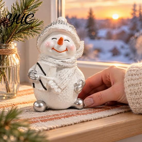 Resin Snowman Statue Christmas Figurine, Festive Tabletop Ornament for Home Living Room Holiday Table Centerpieces Dining Decor, Cute Winter Sculpture