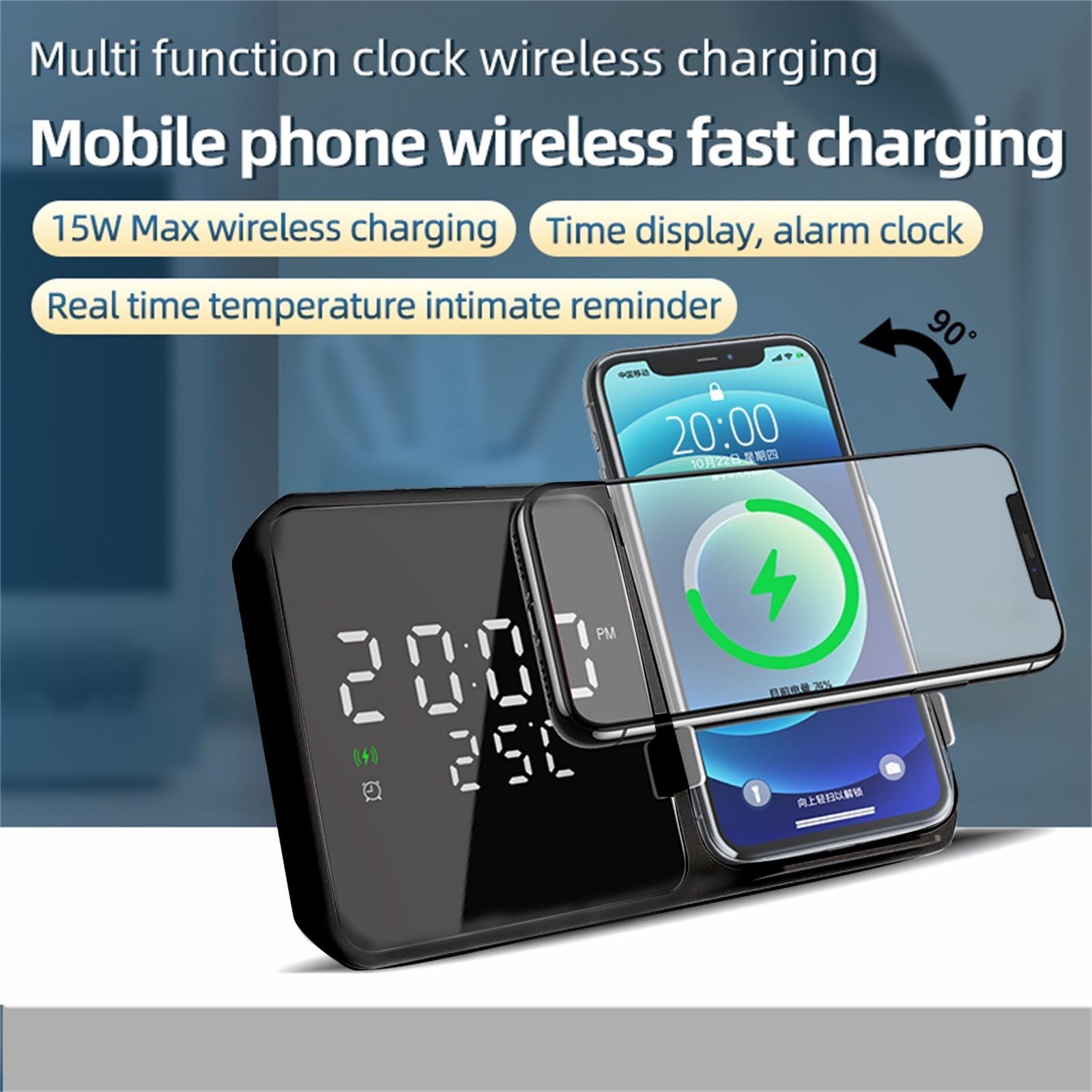 

Бездротовий зарядний пристрій Будильник 15 Вт з можливістю затемнення Великий цифровий світлодіодний дисплей 12/24 години Температура(F/C) Монітор нічник One Size чорний