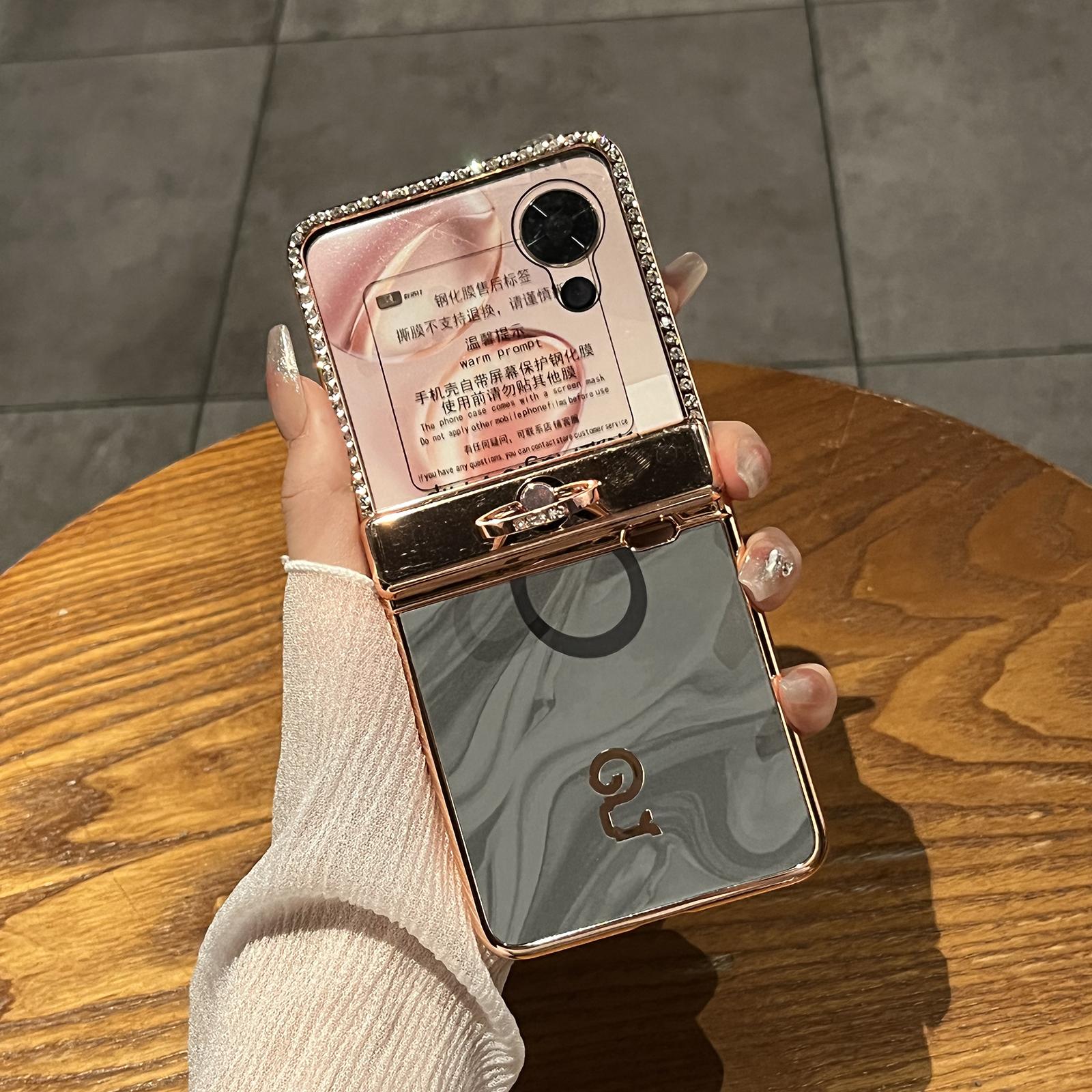

For Honor Magic V Flip 5G Case Ring Holder Rhinestone Decor PU Leather PC Folding Phone Cover Grey