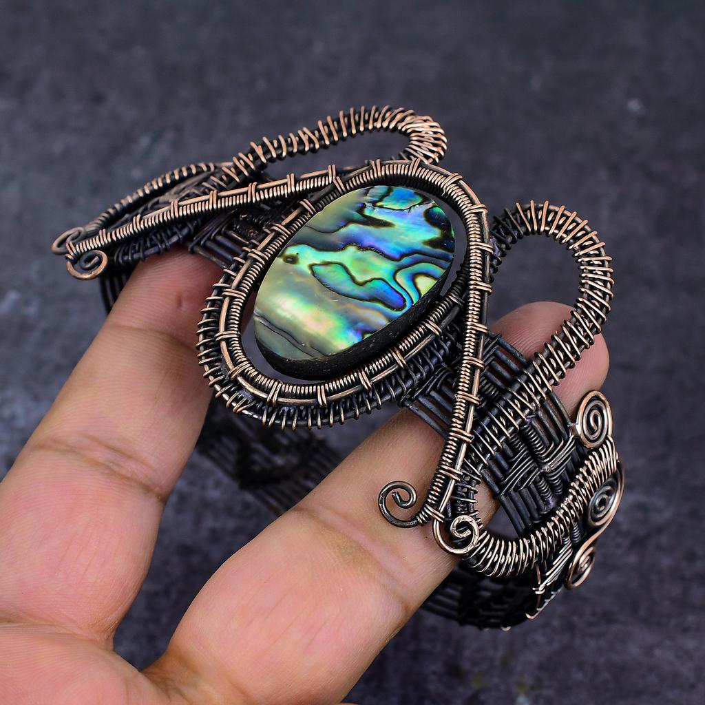Natural Abalone Shell Gemstone Copper Wire Wrap Cuff Bangle Adjustable ET-4664