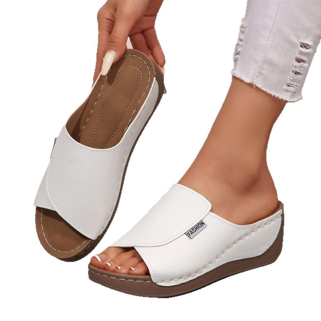 European and American women's shoes summer new comfortable slope heel independent station slippers simple large size cool large size drag women