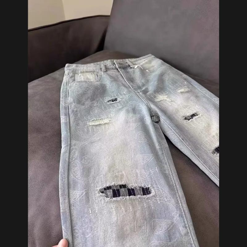 Cashew Flower Full Print Patch Ripped Jeans Men's and Women's Trendy Brand Ruffian Handsome Fried Street Pants Narrow Version Couple Straight Pants