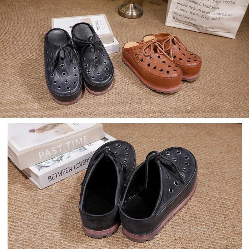 Johnature Hollowed Out Thick Soled Outdoor Fashionable Slippers Genuine Leather Round Toe Women's Slip-on Shoes