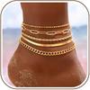 FIBO STEEL 5 PCS Ankle Bracelets for Women 14K Gold Plated Anklets Set | Waterproof Stainless Steel, Adjustable Layered Anklets, Non Tarnish Cuban