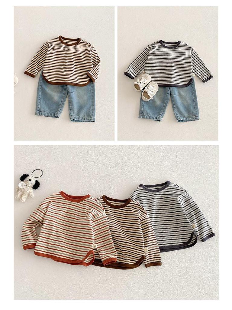 Korean Style Striped T-shirt for Girls - Trendy Spring Layered Color Block Design