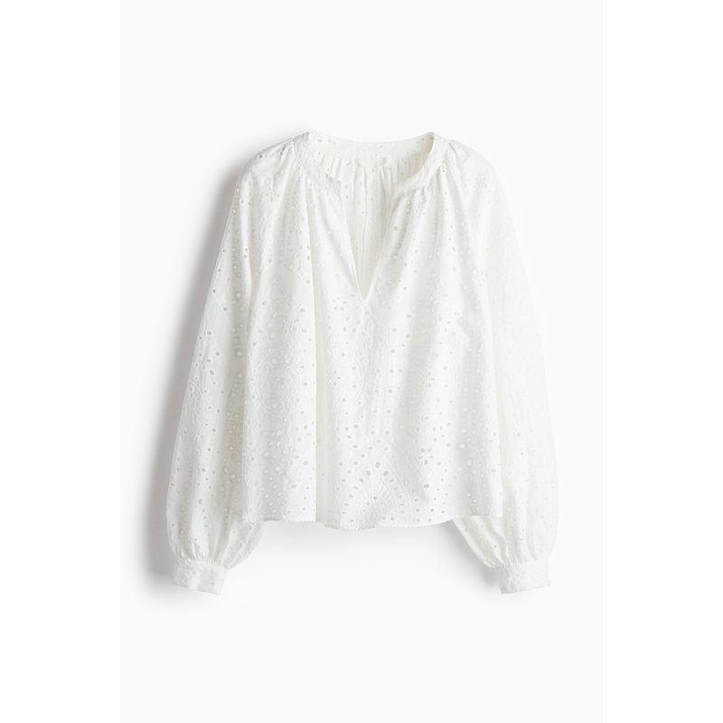 

HM Women s Shirt 2025 Autumn New Arrival French Style V-neck Cut Out Embroider Raglan Long Sleeve Loose Top 1267689 White 155/76