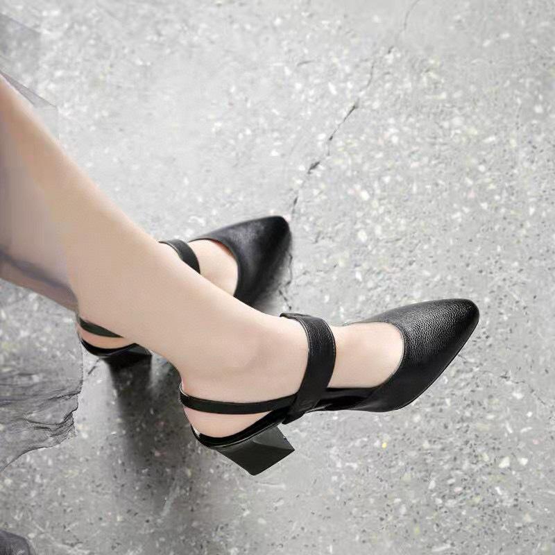 Pointed high-heeled sandals women's shoes summer new first-layer cowhide thick-heeled bag head empty fashion shoes