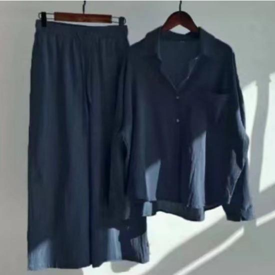Set camicia da donna 2 pezzi vintage taglie forti in cotone e lino, pantaloni ampi a vita alta