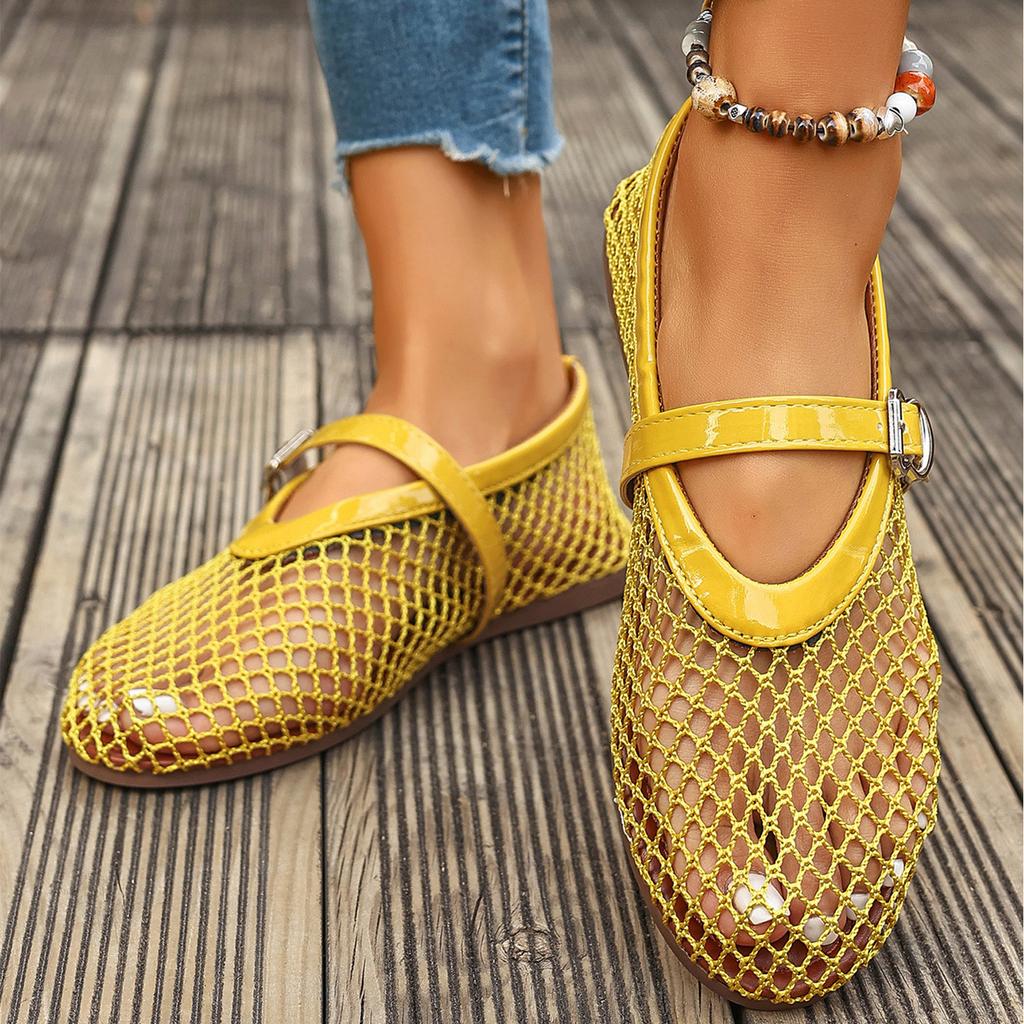 Breathable Soft Sole Flat Mary Jane Shoes for Women Summer Mesh Hollow Out Slip On Casual Footwear with Adjustable Buckle Strap