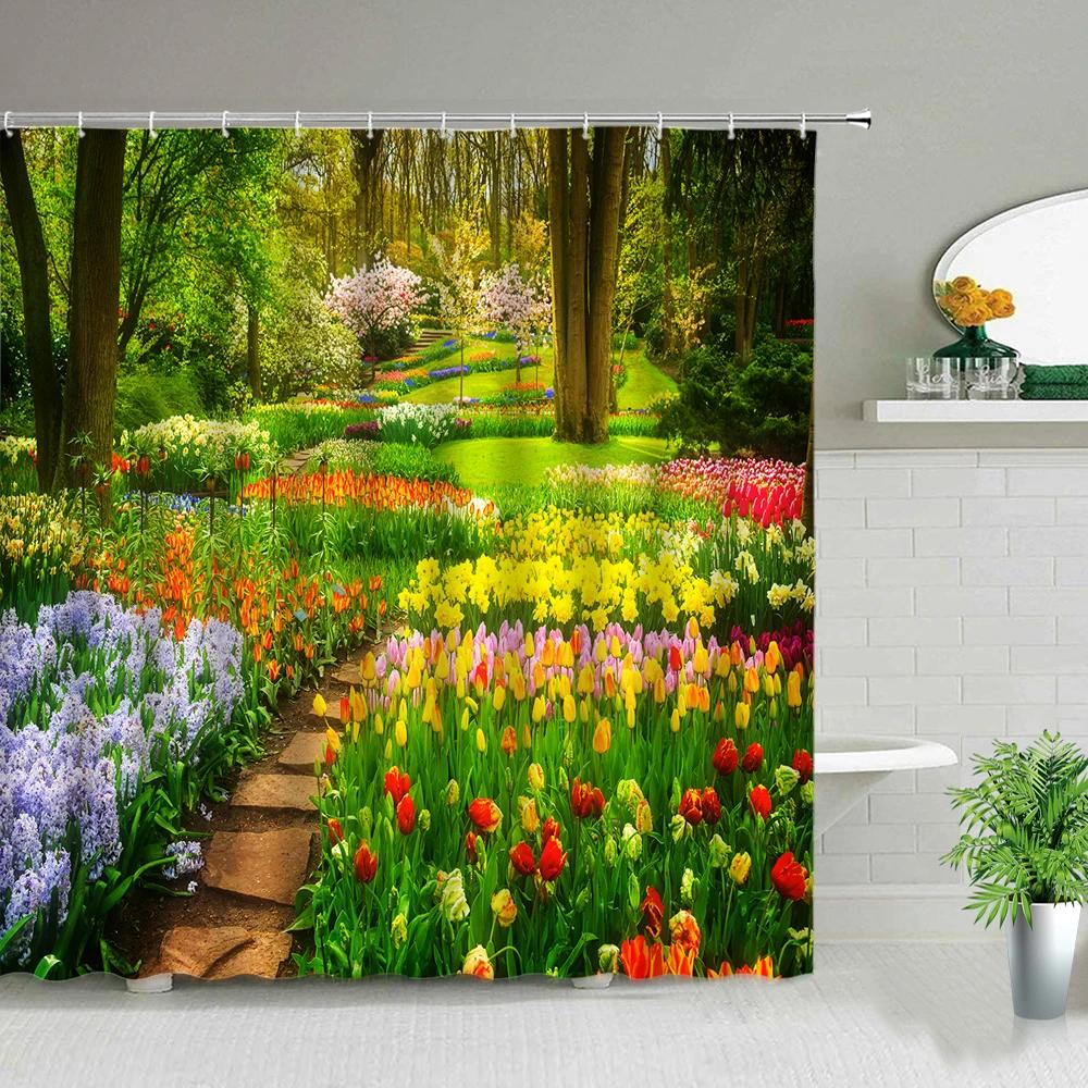 Park Garden Tree Flower Pond Nature Landscape Shower Curtain Bathroom Polyester Waterproof Fabric Curtains Home Bathtub Decor
