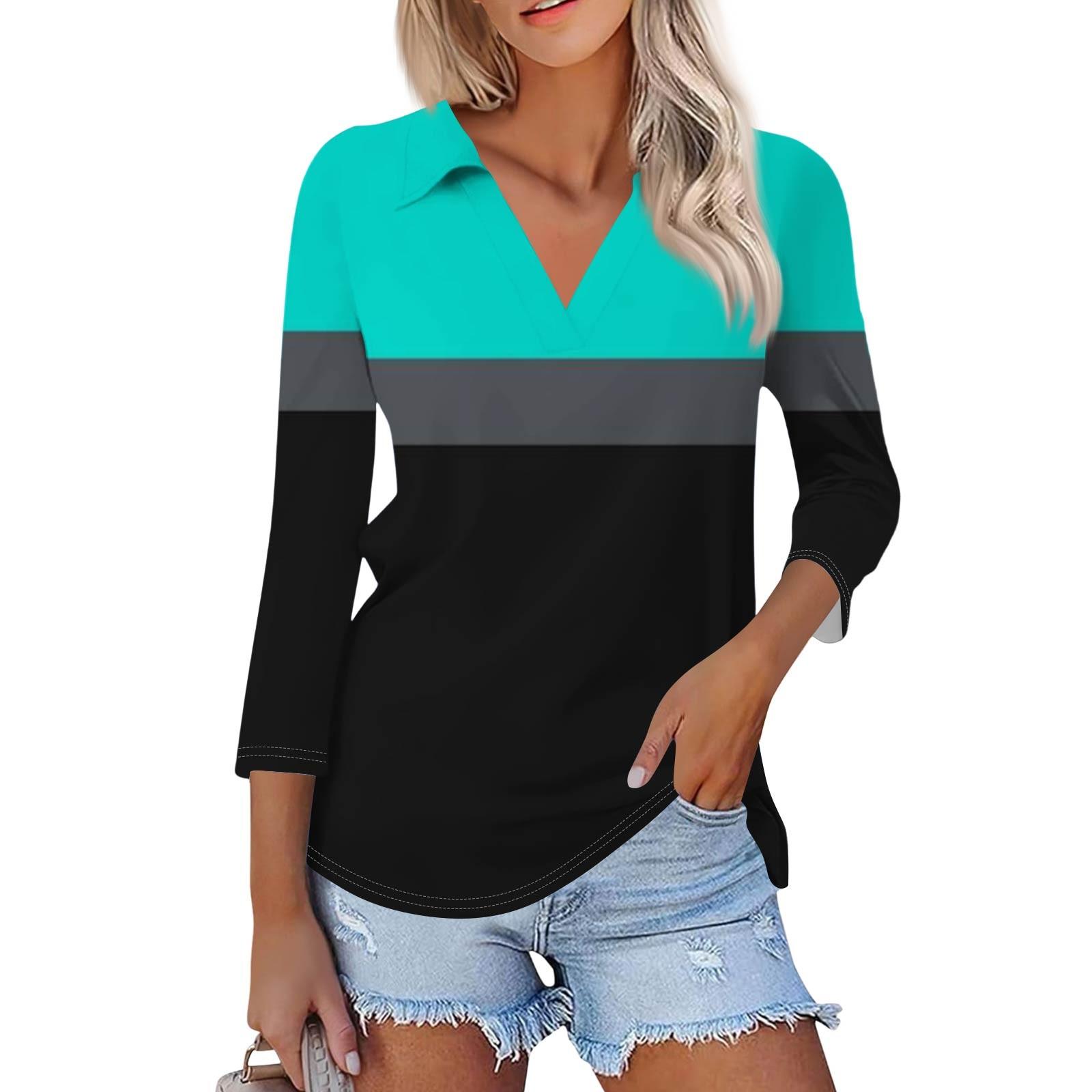 

Женская летняя модная повседневная рубашка с v-образным вырезом и семью рукавами с принтом, топ M циан