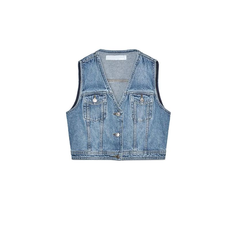 Women's Spring Clothing Balloon Style High Waist Jeans 3777025 V Neck Sleeveless Denim Vest 3777024