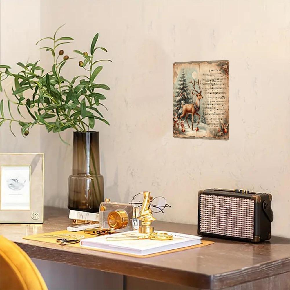 Vintage Christmas Music Sheet Wall Decor: 8x12in Iron Deer & Snowflake Sign, Easy To Hang