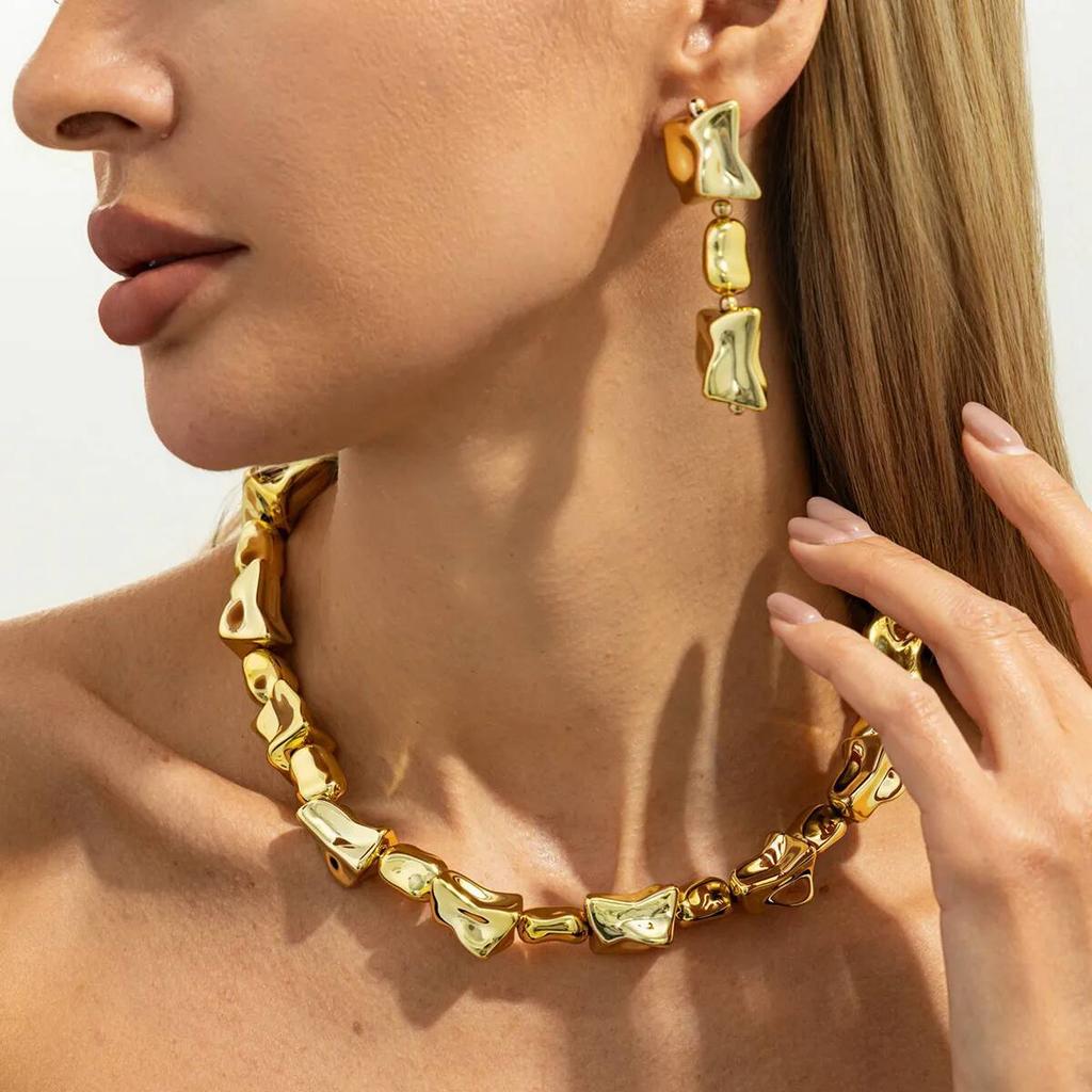 Salircon Vintage Chunky Necklace Irregular Geometric CCB Necklace Drop Earrings Jewelry Women Fashion Accessory Party Daily Wear