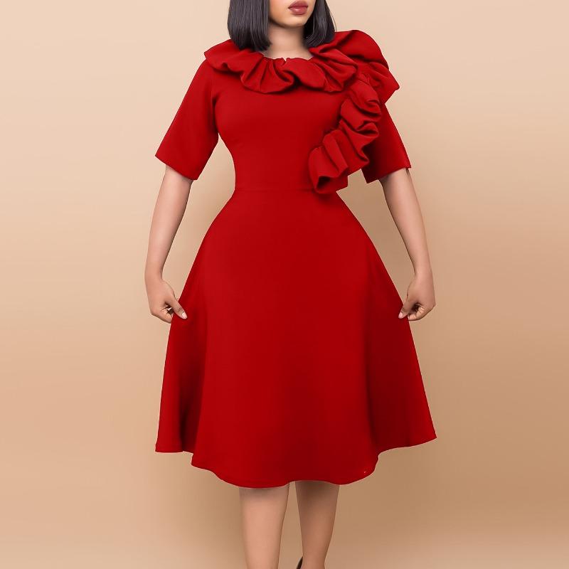 Women's clothing autumn new fashion temperament elegant solid color swing dress ruffle African dress