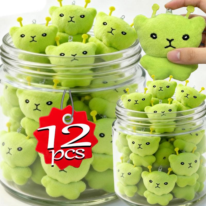 12pcs Mini Green Alien Cat Plush Keychains Furry Pendant for Couples Cute Cartoon Handbag Backpacks Key Chain Decor Gifts