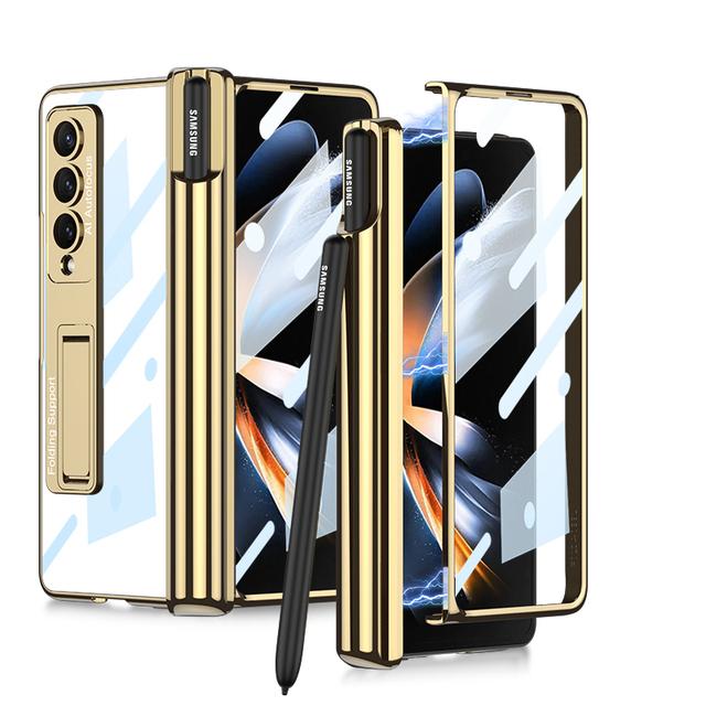 Magnetic Hinge Pen Holder Case For Samsung Galaxy Z Fold 4 5g Fold 4 Transparent Case Shockproof Cover With Tempered Glass Film