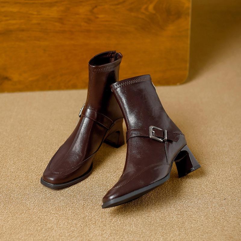

British retro small square head thick heel Martin boots women s autumn and winter new belt buckle rear zipper thin boots 40