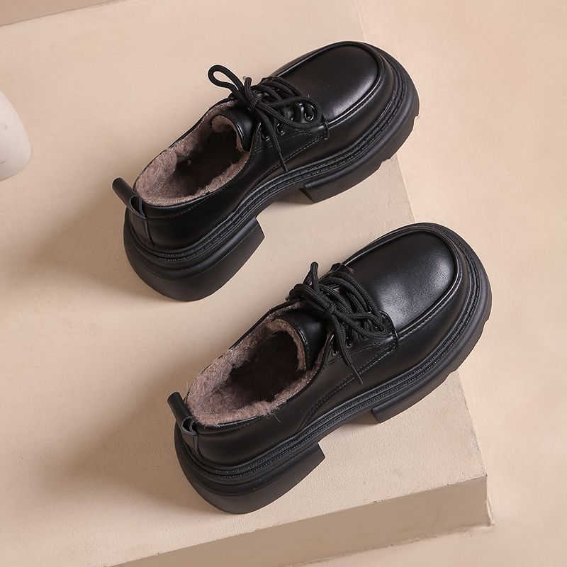 British Style Lace-up Small Leather Shoes Women's Winter Retro Velvet Platform Heightening Loafers Ins