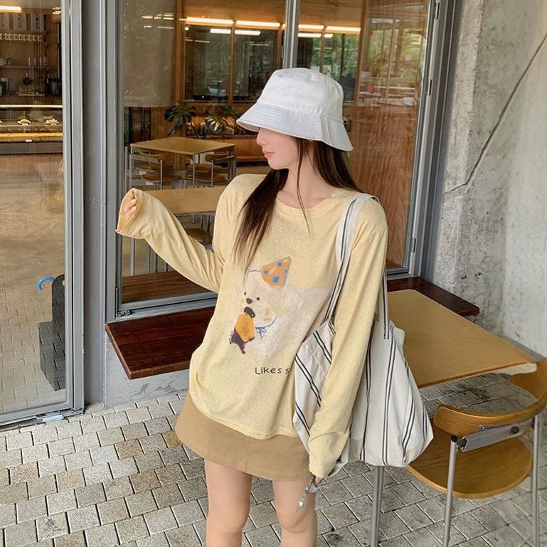 Slack Puppy Print Yellow Long-sleeved T-shirt Women's Summer New Korean Loose Sunscreen Versatile Crew Neck Top
