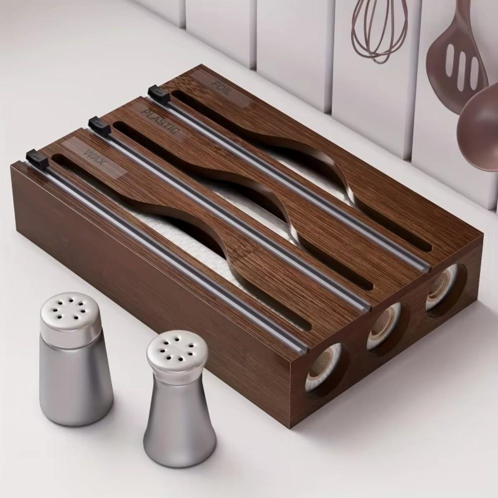 Bamboo Cling Film Cutter Box 2 /3 Grids Refillable Plastic Wrap Cutter Box with Slide Cutter Wall Mounted Wrap Dispenser