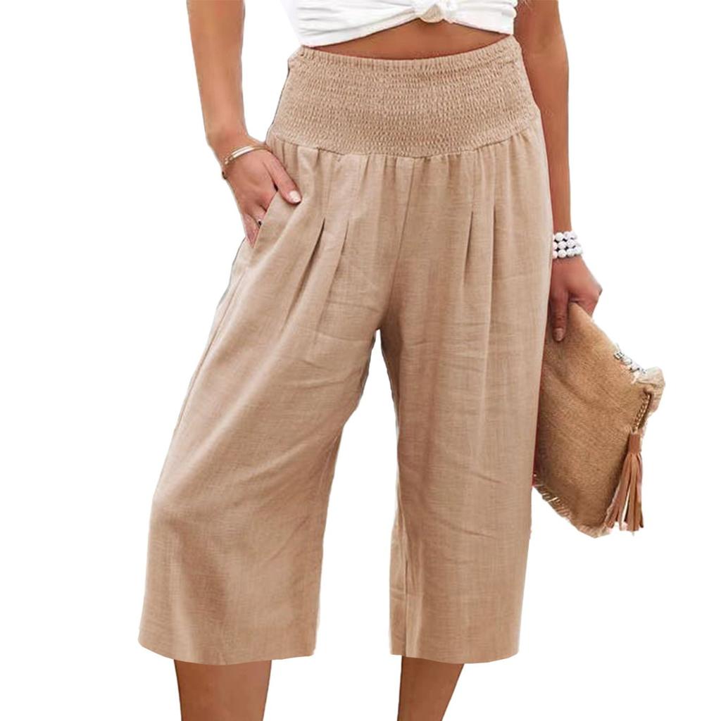 Summer Eurn Women's Cross-border Cotton Hemp Seven Waist Pocket Pocket Pocket Pocket Wide Leg Pants Woman