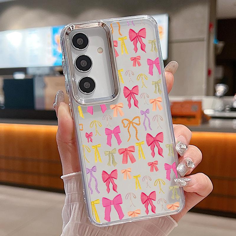 Pink Bowknots Print Case For Samsung S26 S25 Ultra S24 FE S23 Plus S22 S21 A15 A16 A17 A35 A36 A37 A54 A55 A56 A57 5G Plating Lens Soft Cover