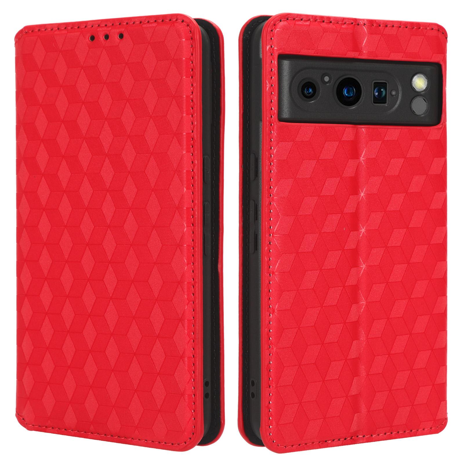 

For Google Pixel 8 Pro PU Leather Flip Magnetic Cover Rhombus Imprinted Wallet Stand Phone Case Red